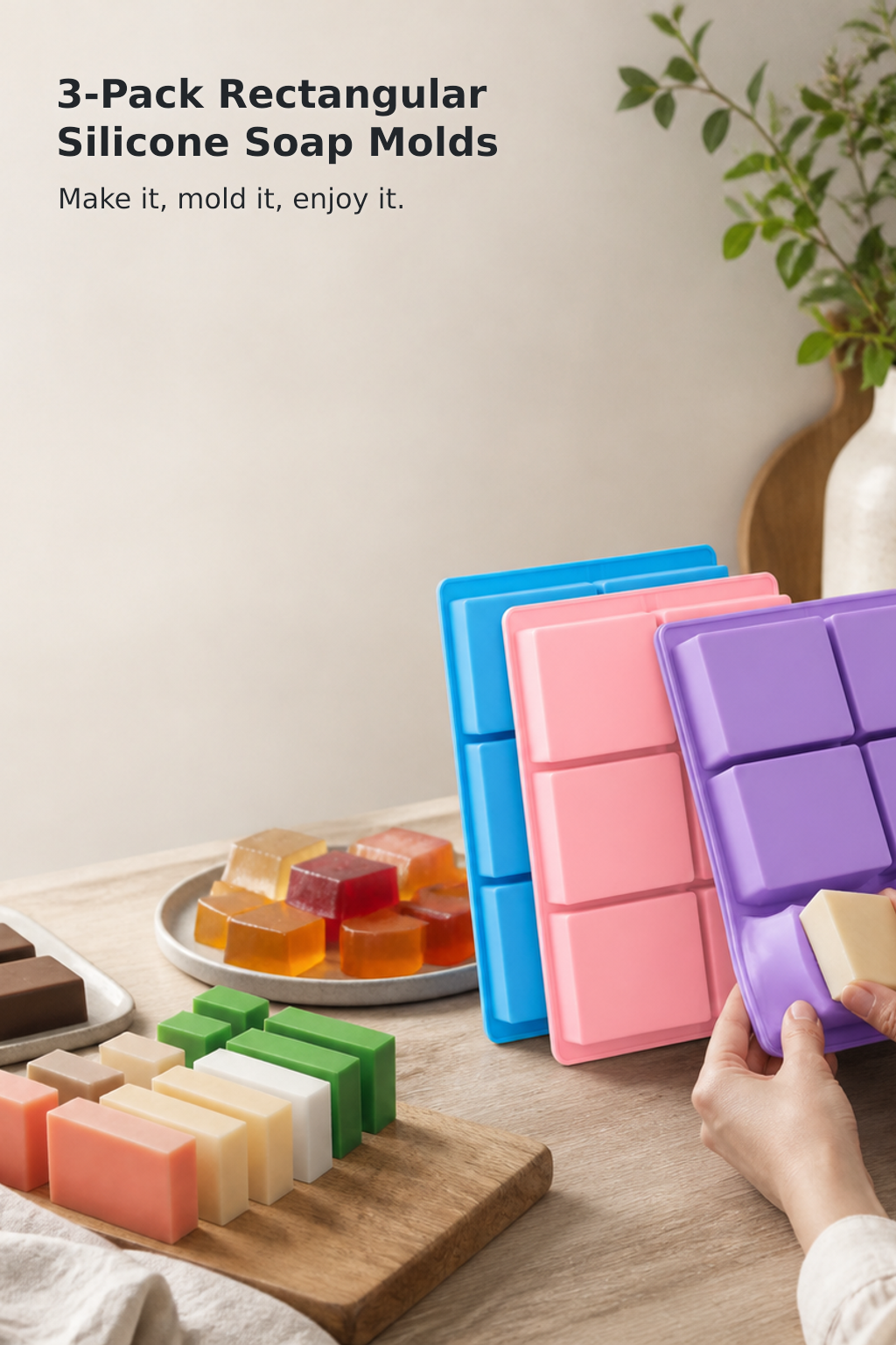 3-Piece 6-Cavity Rectangular Silicone Soap Mold Set