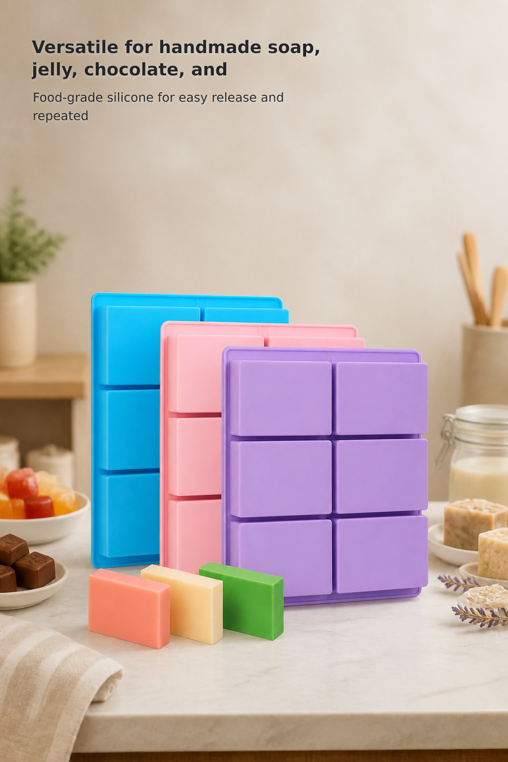 3-Piece 6-Cavity Rectangular Silicone Soap Mold Set