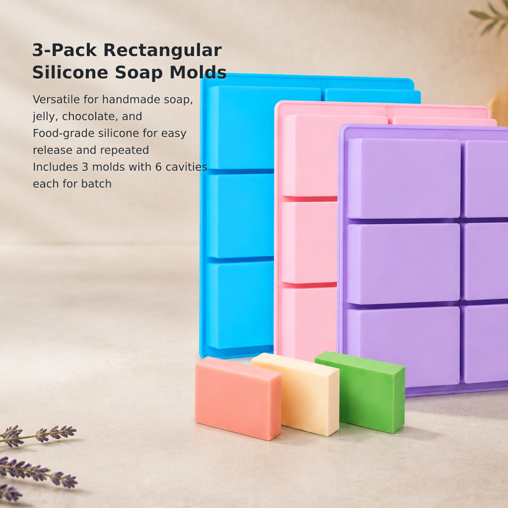 3-Piece 6-Cavity Rectangular Silicone Soap Mold Set
